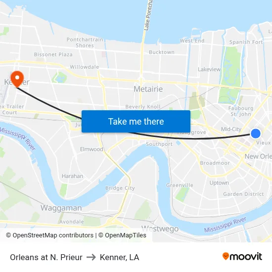 Orleans at N. Prieur to Kenner, LA map