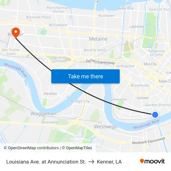 Louisiana Ave. at Annunciation St. to Kenner, LA map
