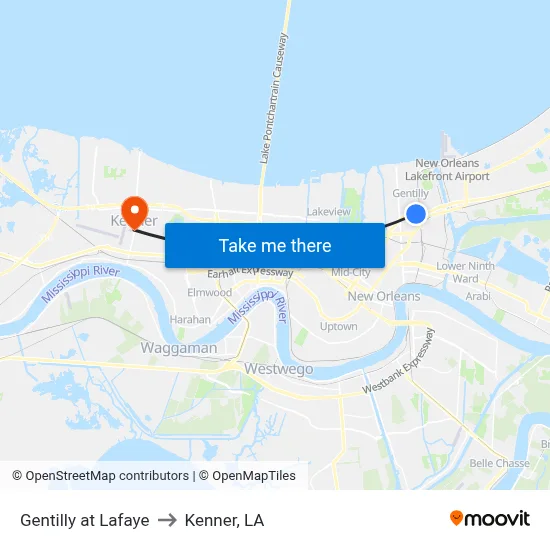 Gentilly at Lafaye to Kenner, LA map