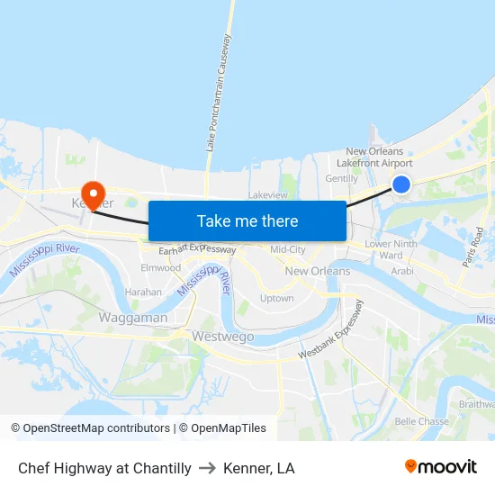 Chef Highway at Chantilly to Kenner, LA map