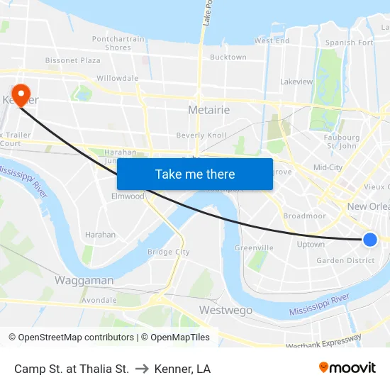 Camp St. at Thalia St. to Kenner, LA map