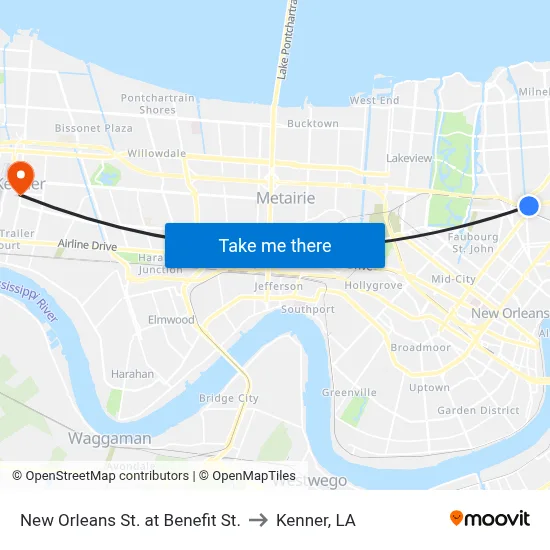 New Orleans St. at Benefit St. to Kenner, LA map
