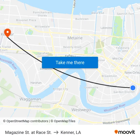 Magazine St. at Race St. to Kenner, LA map