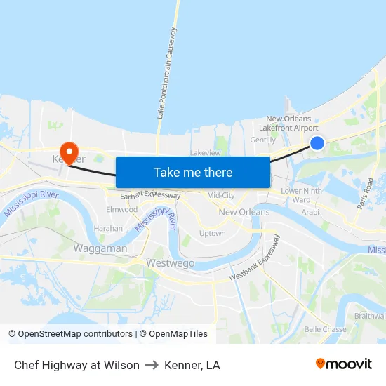 Chef Highway at Wilson to Kenner, LA map