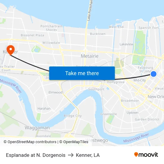 Esplanade at N. Dorgenois to Kenner, LA map