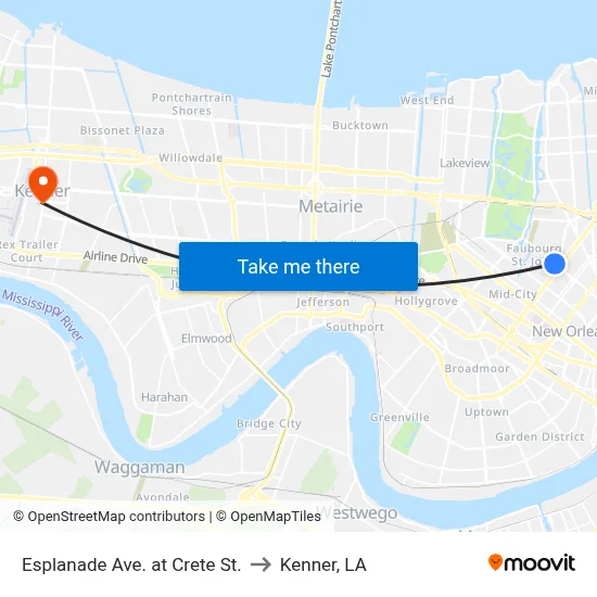 Esplanade Ave. at Crete St. to Kenner, LA map