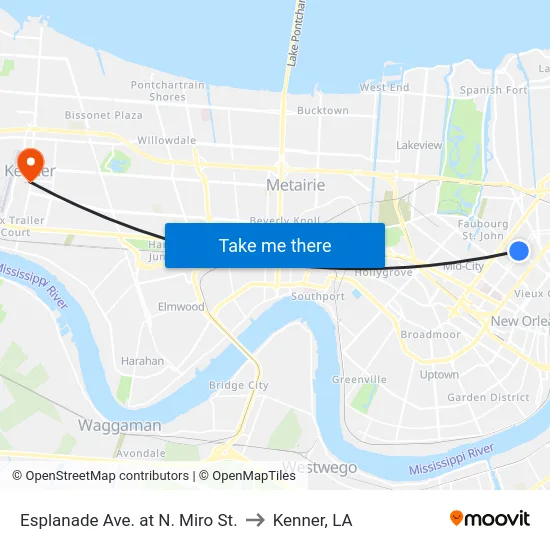 Esplanade Ave. at N. Miro St. to Kenner, LA map