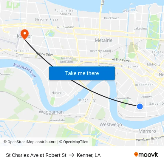 St Charles Ave at Robert St to Kenner, LA map