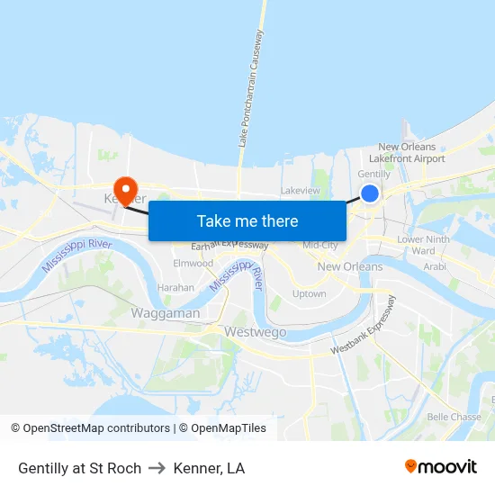Gentilly at St Roch to Kenner, LA map