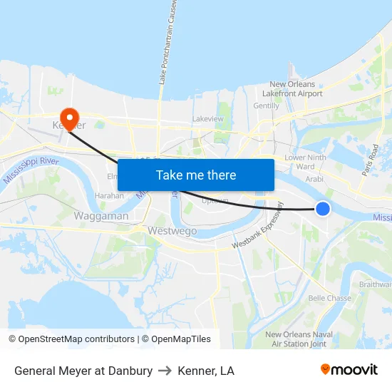General Meyer at Danbury to Kenner, LA map