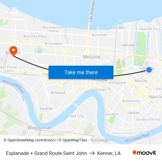 Esplanade + Grand Route Saint John to Kenner, LA map