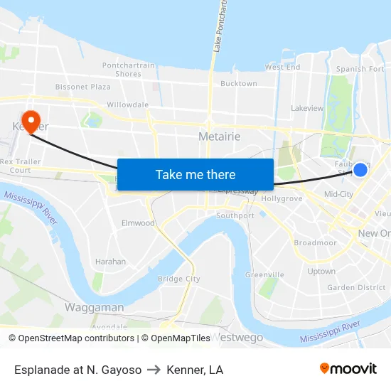 Esplanade at N. Gayoso to Kenner, LA map