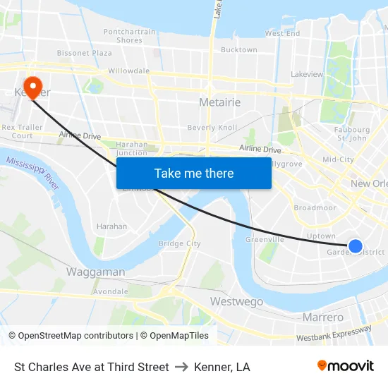 St Charles Ave at Third Street to Kenner, LA map