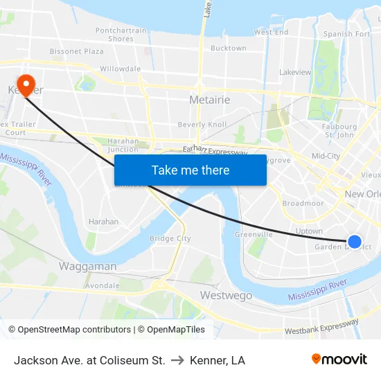 Jackson Ave. at Coliseum St. to Kenner, LA map