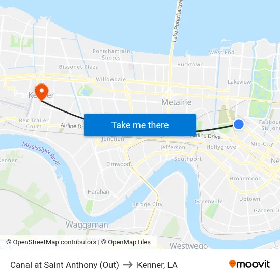 Canal at Saint Anthony (Out) to Kenner, LA map