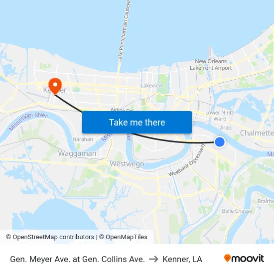 Gen. Meyer Ave. at Gen. Collins Ave. to Kenner, LA map