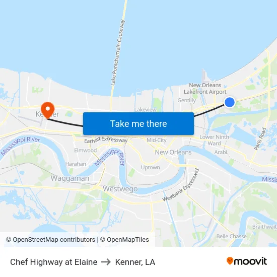 Chef Highway at Elaine to Kenner, LA map