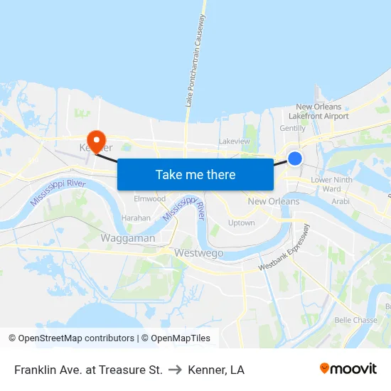 Franklin Ave. at Treasure St. to Kenner, LA map