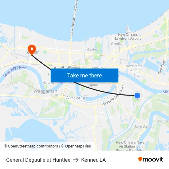 General Degaulle at Huntlee to Kenner, LA map
