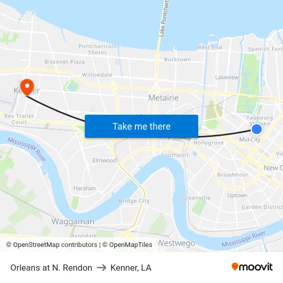 Orleans at N. Rendon to Kenner, LA map