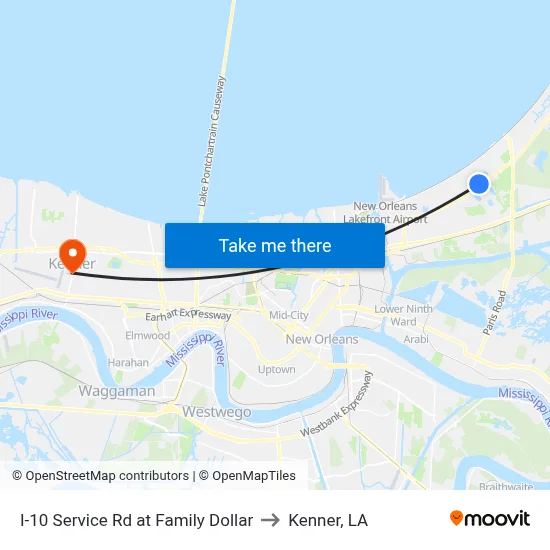 I-10 Service Rd at Family Dollar to Kenner, LA map