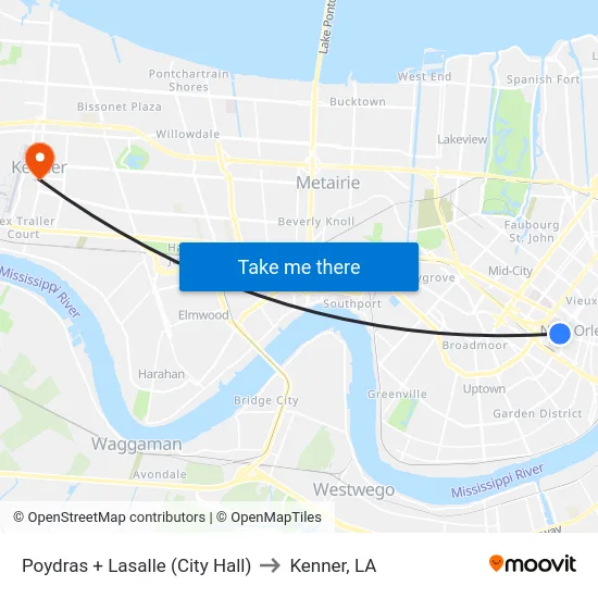 Poydras + Lasalle (City Hall) to Kenner, LA map