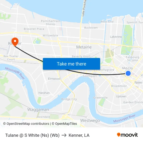 Tulane @ S White (Ns) (Wb) to Kenner, LA map