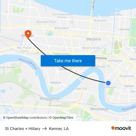St Charles + Hillary to Kenner, LA map