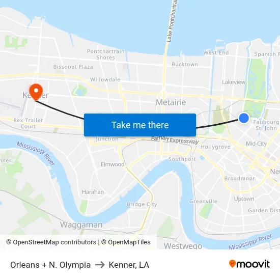 Orleans + N. Olympia to Kenner, LA map