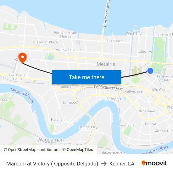 Marconi at Victory ( Opposite Delgado) to Kenner, LA map