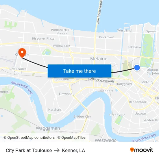 City Park at Toulouse to Kenner, LA map