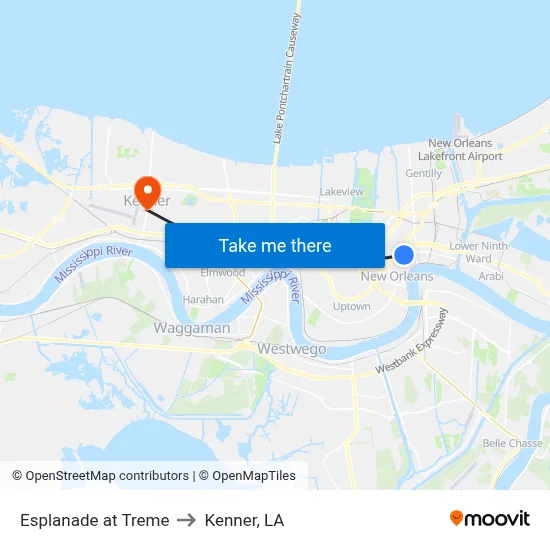 Esplanade at Treme to Kenner, LA map