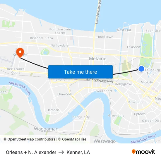 Orleans + N. Alexander to Kenner, LA map
