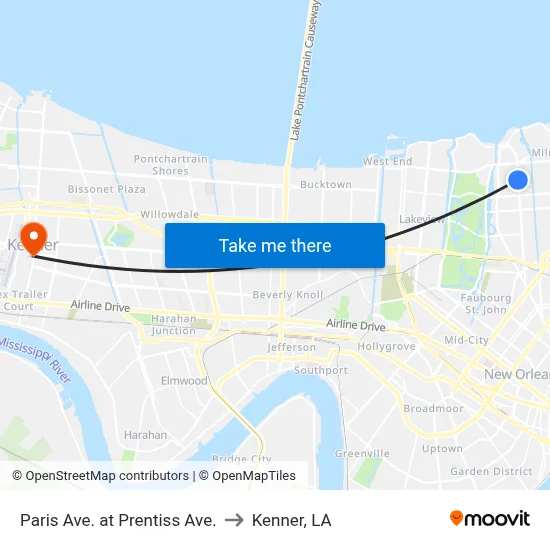 Paris Ave. at Prentiss Ave. to Kenner, LA map