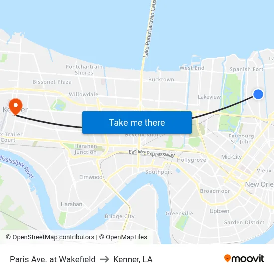 Paris Ave. at Wakefield to Kenner, LA map