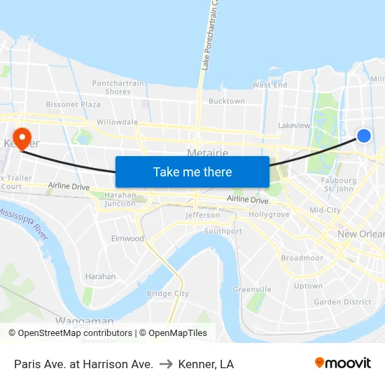 Paris Ave. at Harrison Ave. to Kenner, LA map