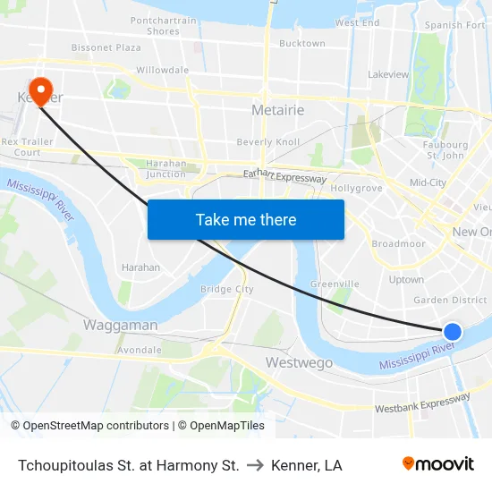 Tchoupitoulas St. at Harmony St. to Kenner, LA map