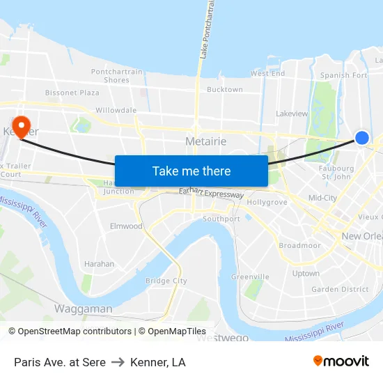 Paris Ave. at Sere to Kenner, LA map