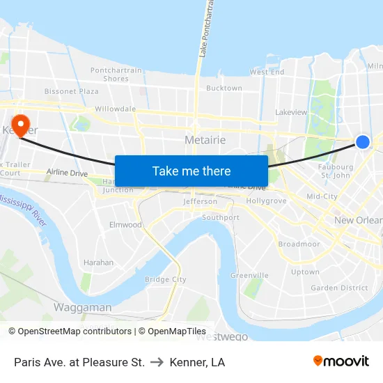 Paris Ave. at Pleasure St. to Kenner, LA map