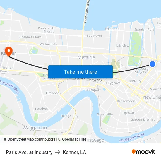 Paris Ave. at Industry to Kenner, LA map