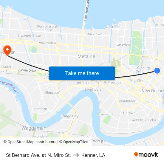 St Bernard Ave. at N. Miro St. to Kenner, LA map