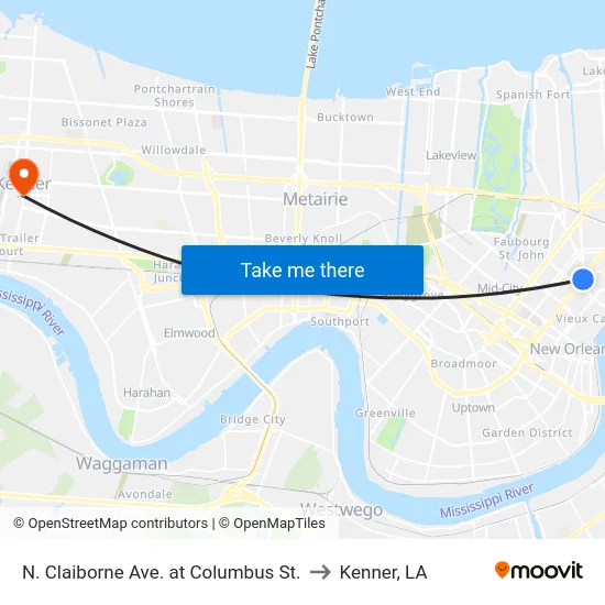 N. Claiborne Ave. at Columbus St. to Kenner, LA map