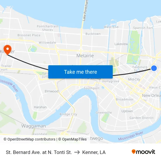 St. Bernard Ave. at N. Tonti St. to Kenner, LA map