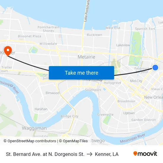 St. Bernard Ave. at N. Dorgenois St. to Kenner, LA map