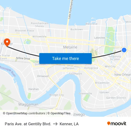 Paris Ave. at Gentilly Blvd. to Kenner, LA map