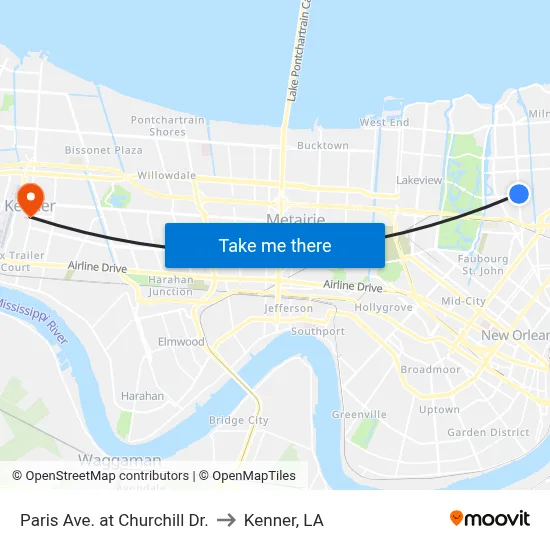 Paris Ave. at Churchill Dr. to Kenner, LA map