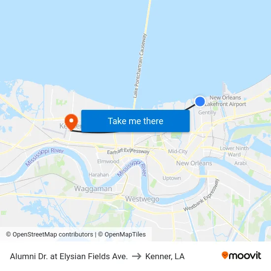 Alumni Dr. at Elysian Fields Ave. to Kenner, LA map