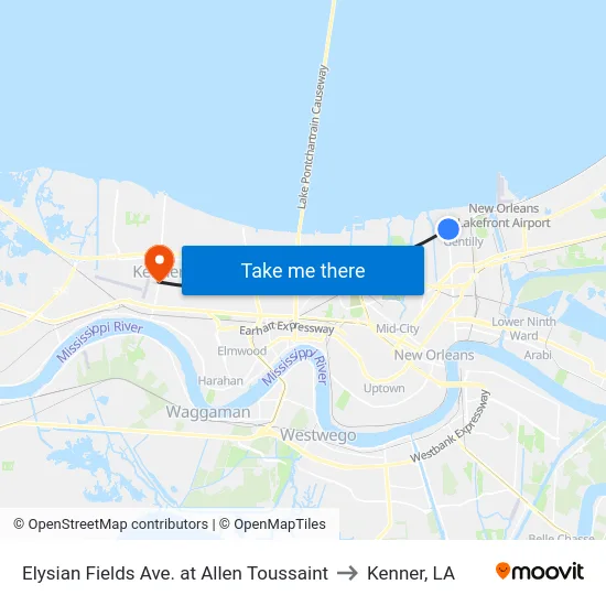 Elysian Fields Ave. at Allen Toussaint to Kenner, LA map