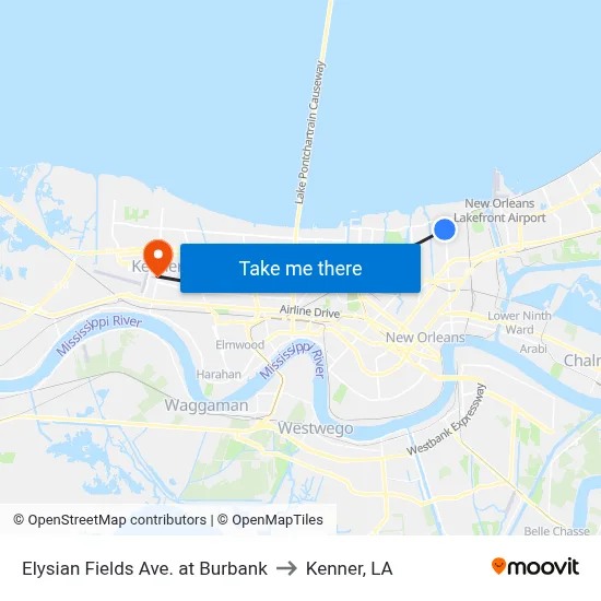 Elysian Fields Ave. at Burbank to Kenner, LA map