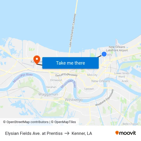Elysian Fields Ave. at Prentiss to Kenner, LA map